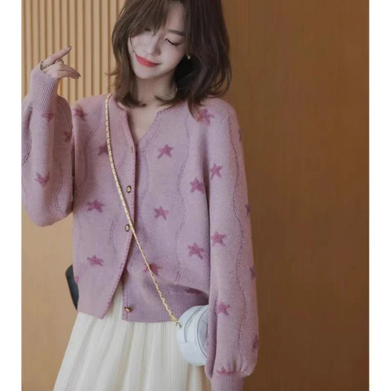 Winter New Round Neck with A Row of Buttons Bubble Loose Cute Gentle Purple Sweater Slim Cardigan Fashion Long Sleeve Girls Top