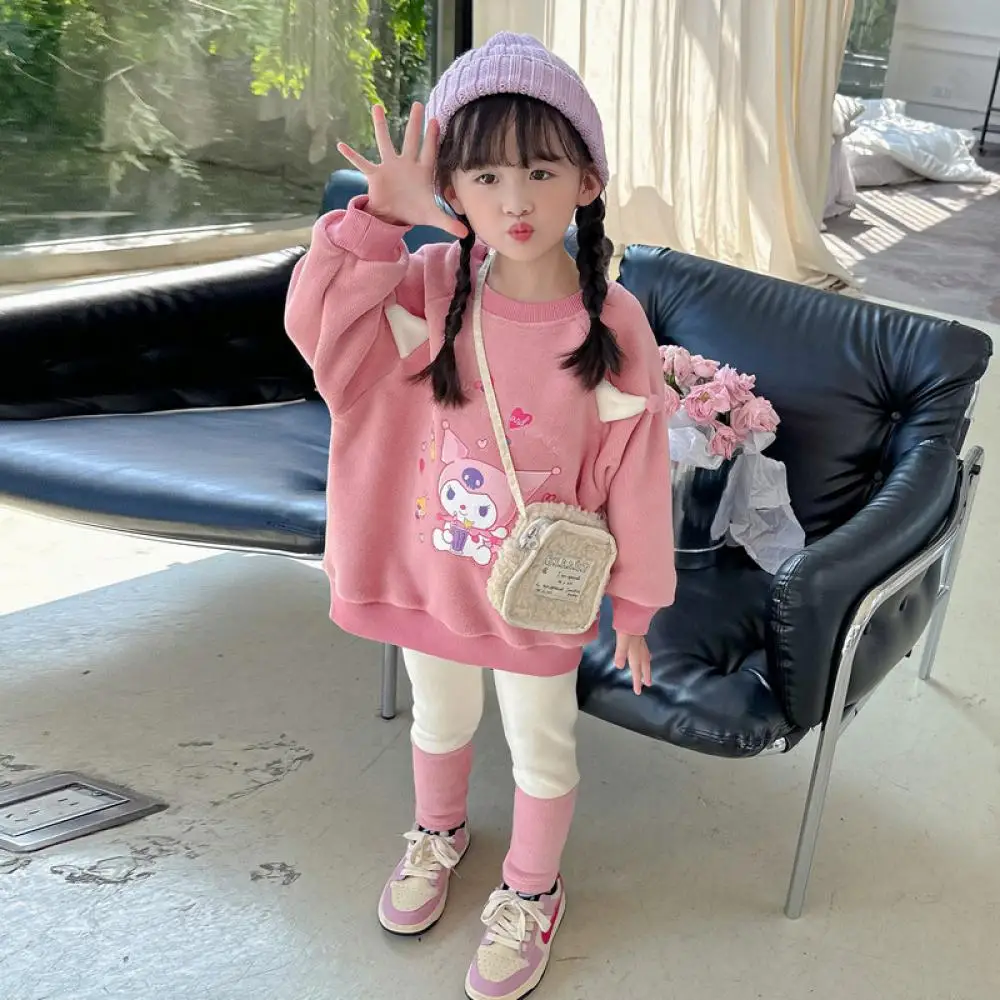 Sanrio Kuromi Girls Sweatshirt Sweatpants Suit Autumn Winter Thicken Cartoon Long Sleeves Pants 2 Pcs Suits Children's Clothing