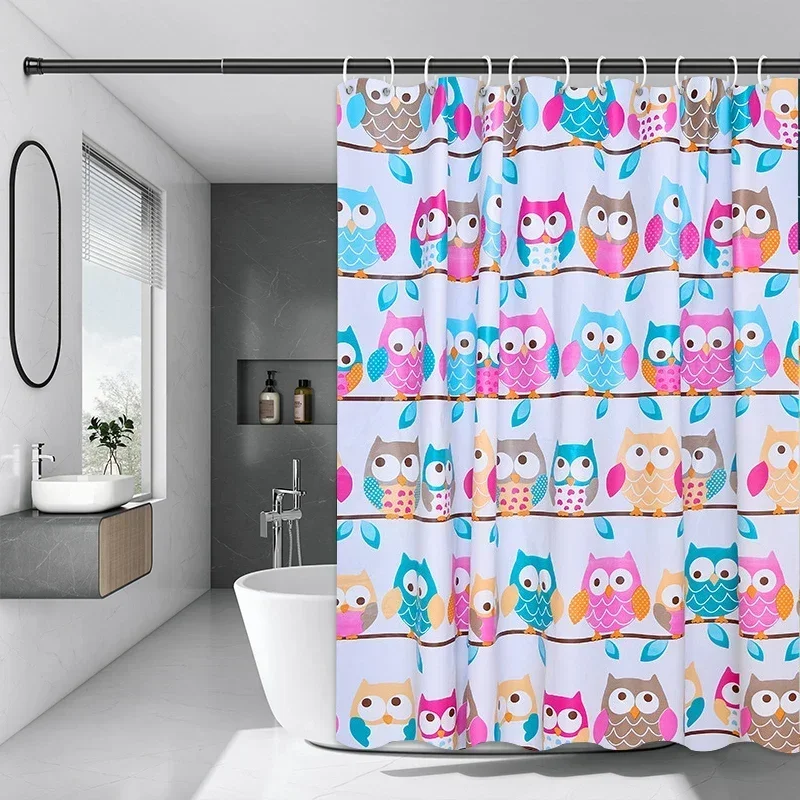 PEVA Owl Shower Curtain Home Waterproof and Anti-Mold Home Bathroom Decorative Curtain with 12 Hooks