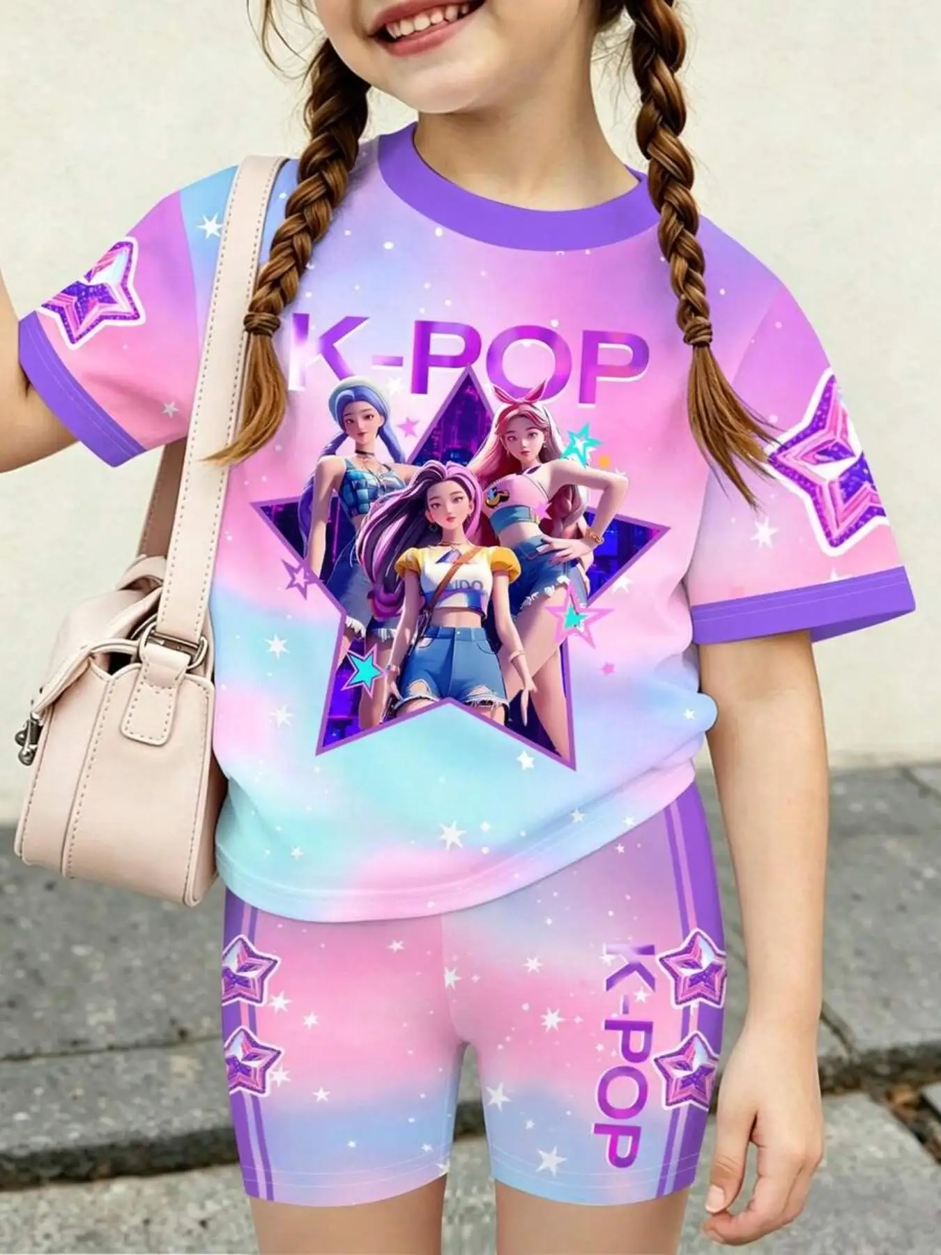 Girls' 2-piece outfit featuring a gradient starry sky and anime-style idol print; includes a round-neck, short-sleeved T-shirt a