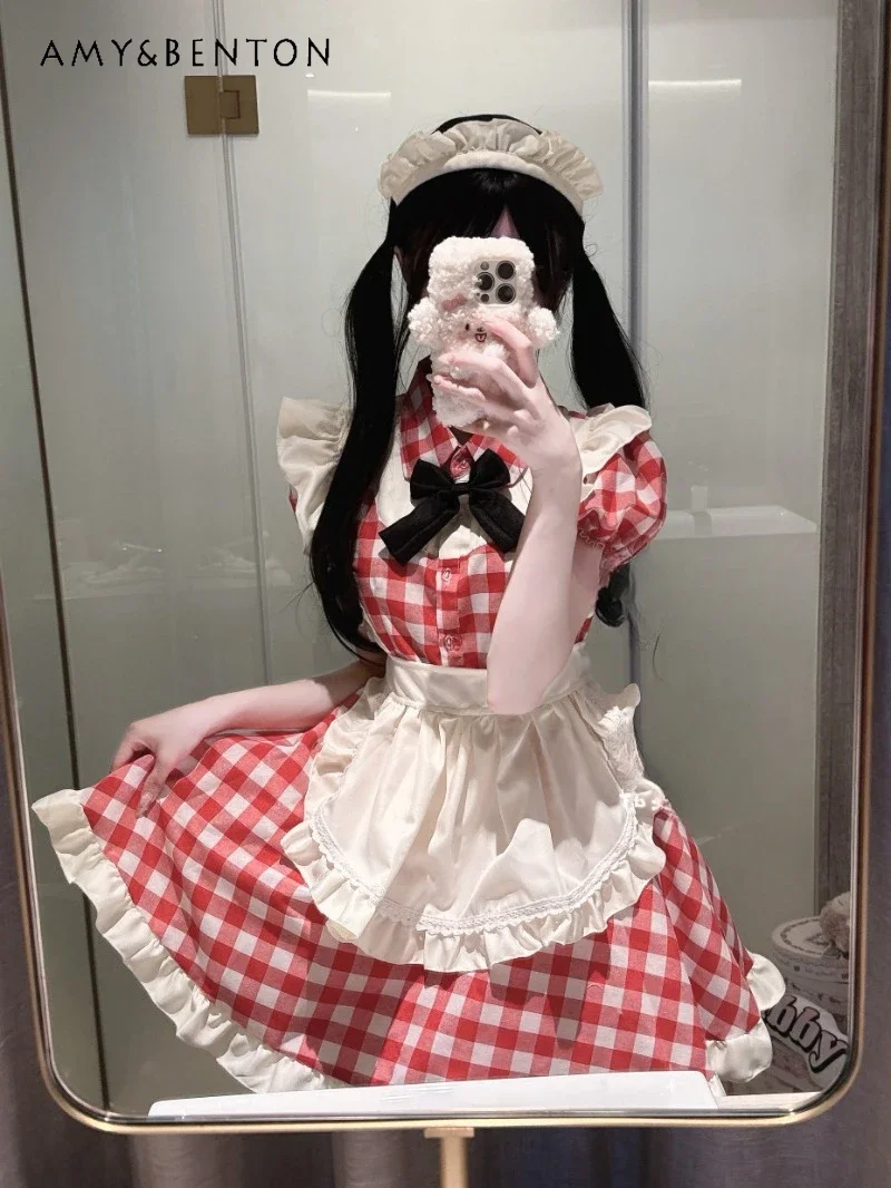 2024 New Original Japanese Ancient Plaid Maid Cos Cute Plaid Lolita Dress For Women