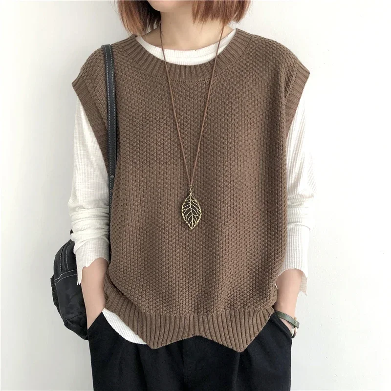 Women Sweater Vest Irregular Hem Loose Sleeveless Waistcoat Solid O-Neck Knitted Vest for Women Autumn Winter Pullovers