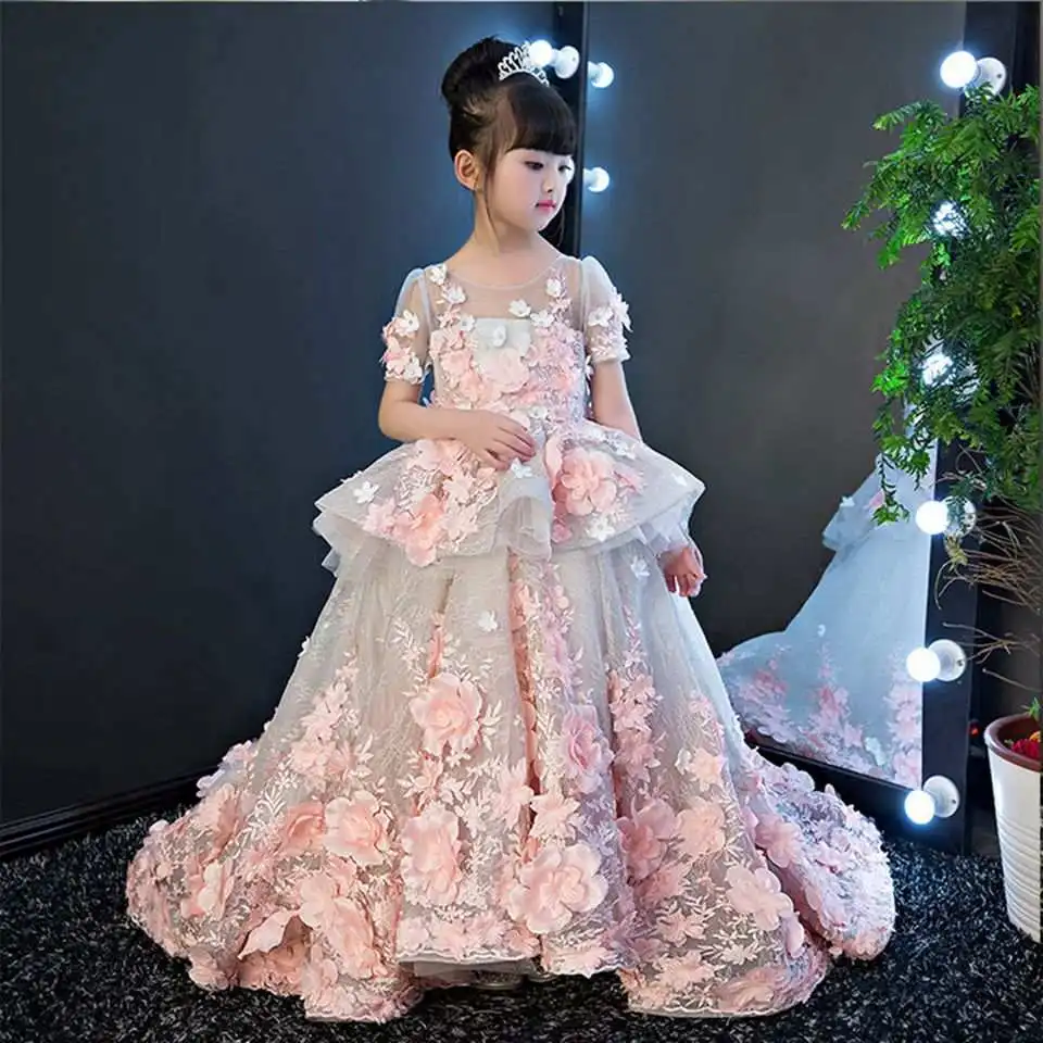 Maßgeschneiderte Luxus-Geburtstagskleider für Babymädchen O-Ausschnitt Rückenfreies Blumenmädchen-Festkleid 3D-Blumen-Applikationen Ballkleider – Detail 4