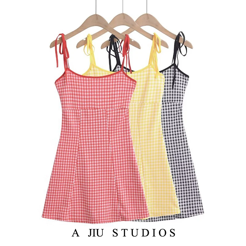 

Sweet And Spicy Plaid Dr with oulder Strap Layering Base Skirt ort Skirt for Young Girls Summer New Sle Pure De...