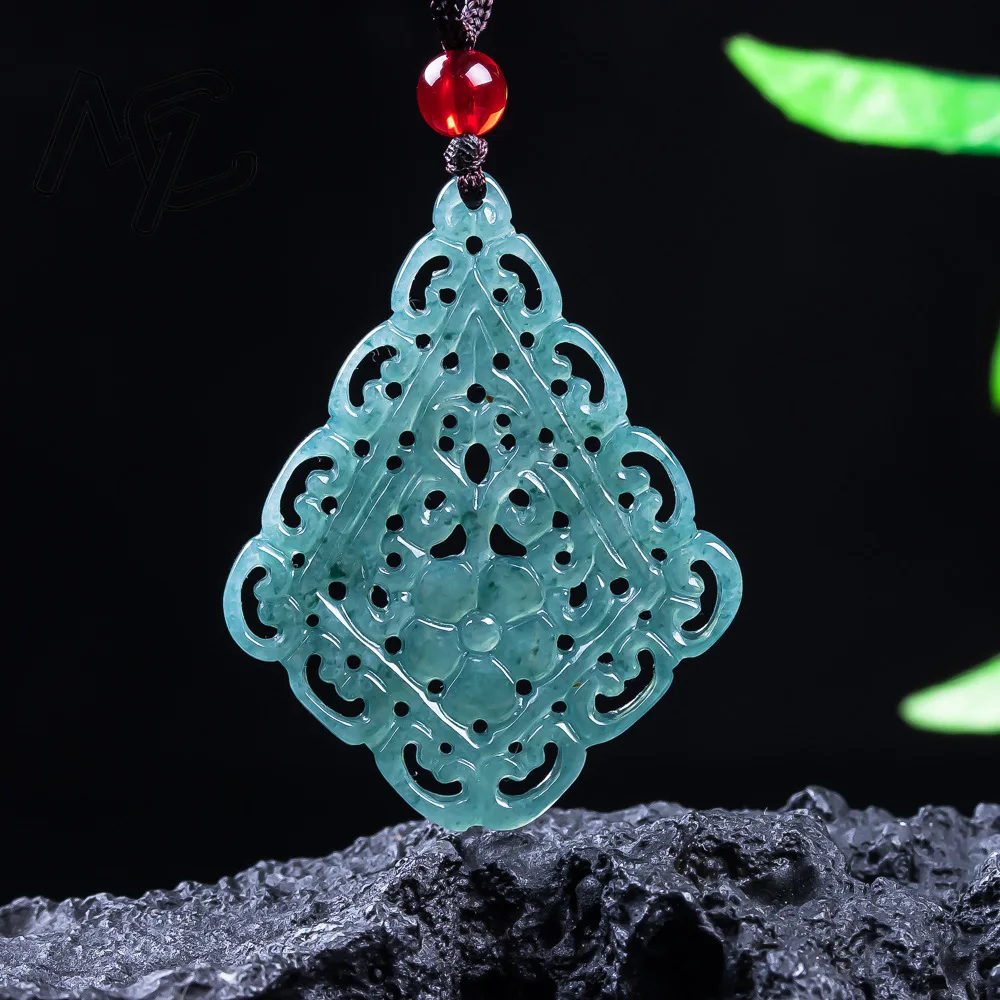Natural Emerald Jade Blue Water Double-sided Hollowing Flower Pendant Jadeite Amulets Fashion Charm Jewelry Gifts for Men Women