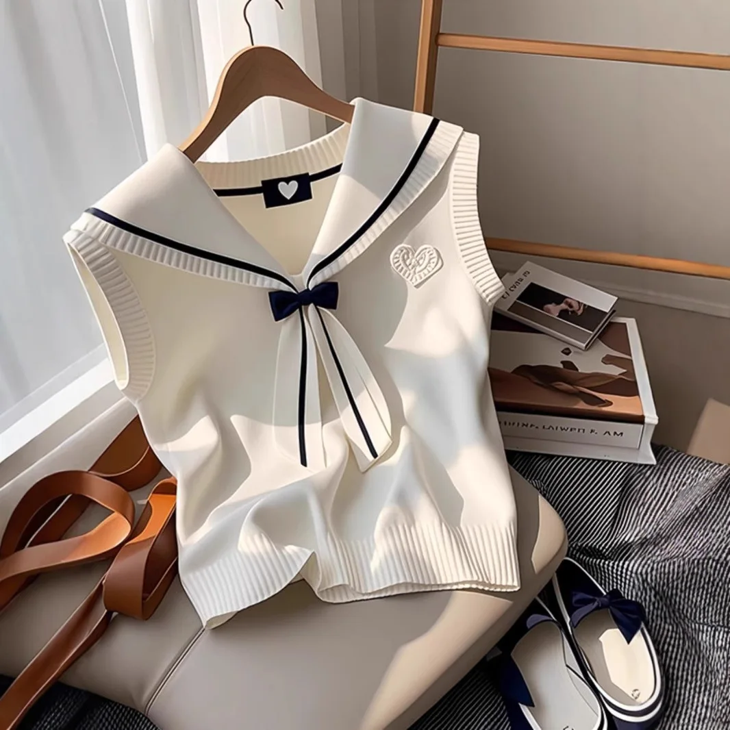

2025 New Fashion Summer Sweet Sailor Collar Knitted Camisole Women Chic Clothing Bow Commute Top Pullovers Women Clothing