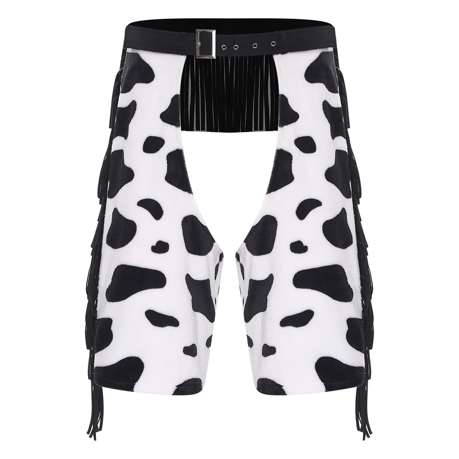 Mens Vintage Cowboy Chaps Cowgirls Cosplay Costume Cow Spot Tassel Fringe Print Flannel Pants Crotchless Shorts for Club Party view 2