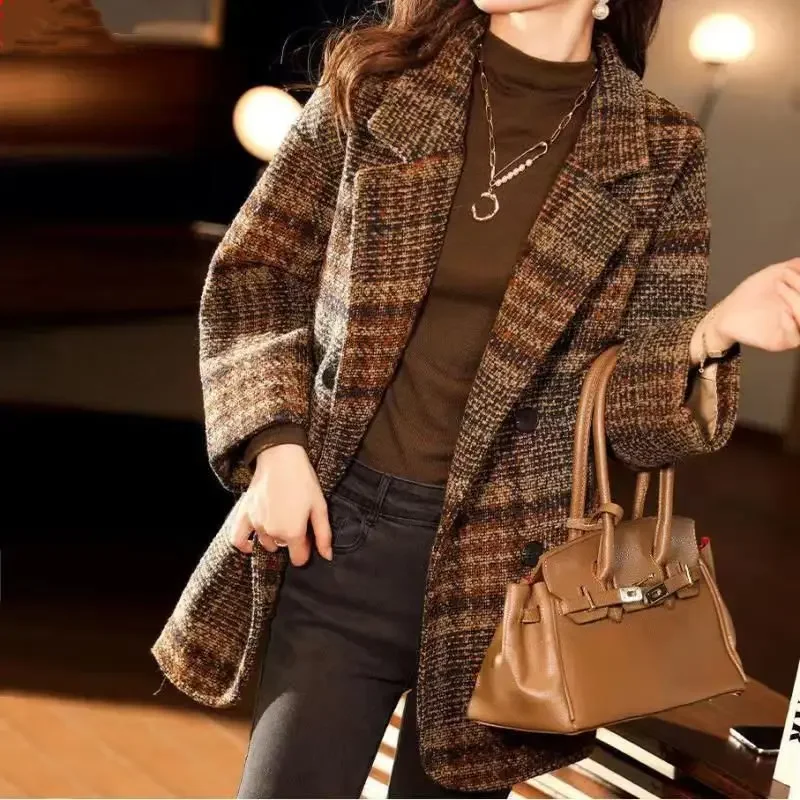 Over Blazer Woman Jacket Dress Clothes Colorblock Long Tweed Loose Coats for Women Outerwears Plaid Check Wool & Blend American