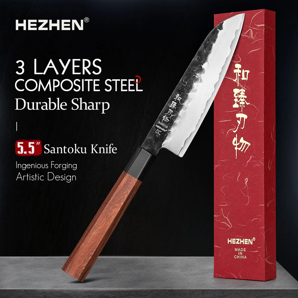 HEZHEN 5, 5 Cal nóż Santoku trójwarstwowy kompozytowy stal nierdzewna czerwony drewniany uchwyt noże kuchenne kuchenny