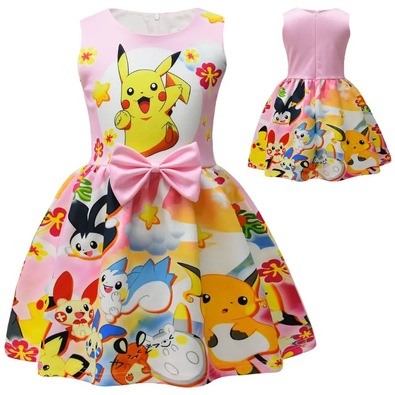 ベストスカート-ポケモン-アニメーション漫画-デジタルプリント-ガールズドレス-リボン-キッズ-誕生日-ノースリーブドレス-パーティードレス-キッズガール用