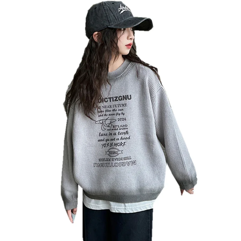 

High Street Teenage Clothing Girl Autumn/Winter Retro Loose Sweater with Letters Grey Color Korean Kids Knitted Children Clothes