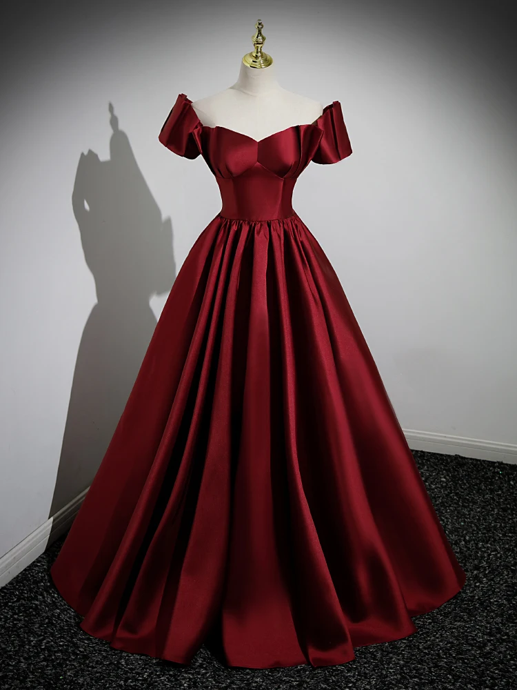 

Ele Wine Red Satin Evening Gown for Women Wedding Dr Host Performance Long Floor Length Svel One oulder