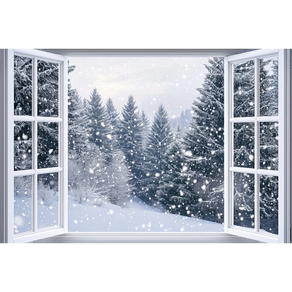 Winter Window Photography Background Christmas Forest Pine Tree Snow Scenery Home Family Baby Portrait Backdrop Photo Studio