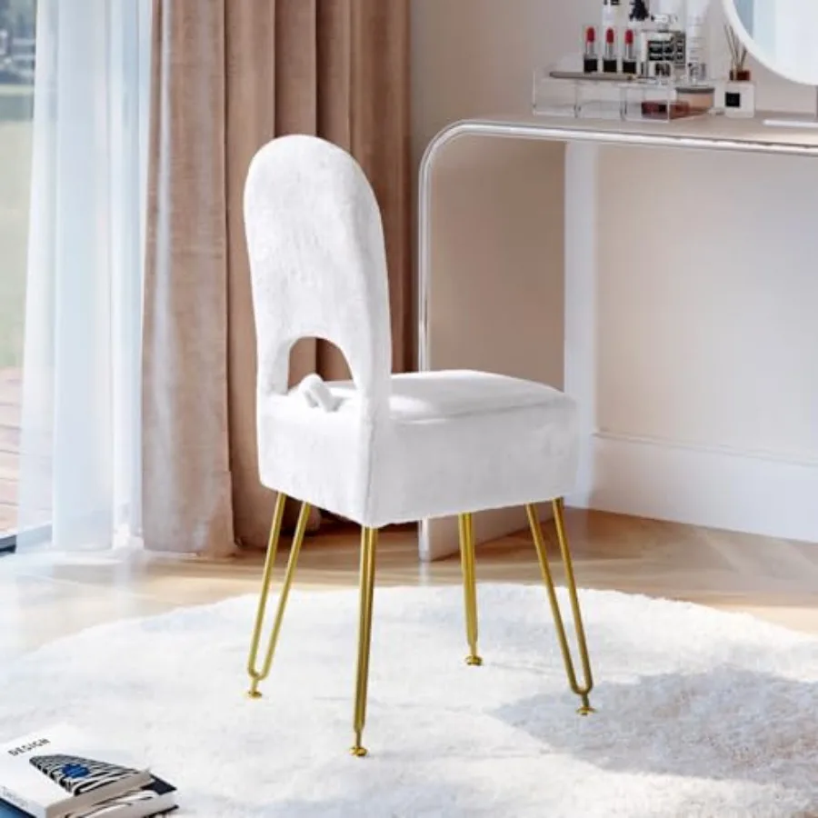 

Белый туалетный стул с отсеком для хранения и спинкой для подростков - складной пуфик для макияжа из искусственного меха с противоскользящим металлическим основанием