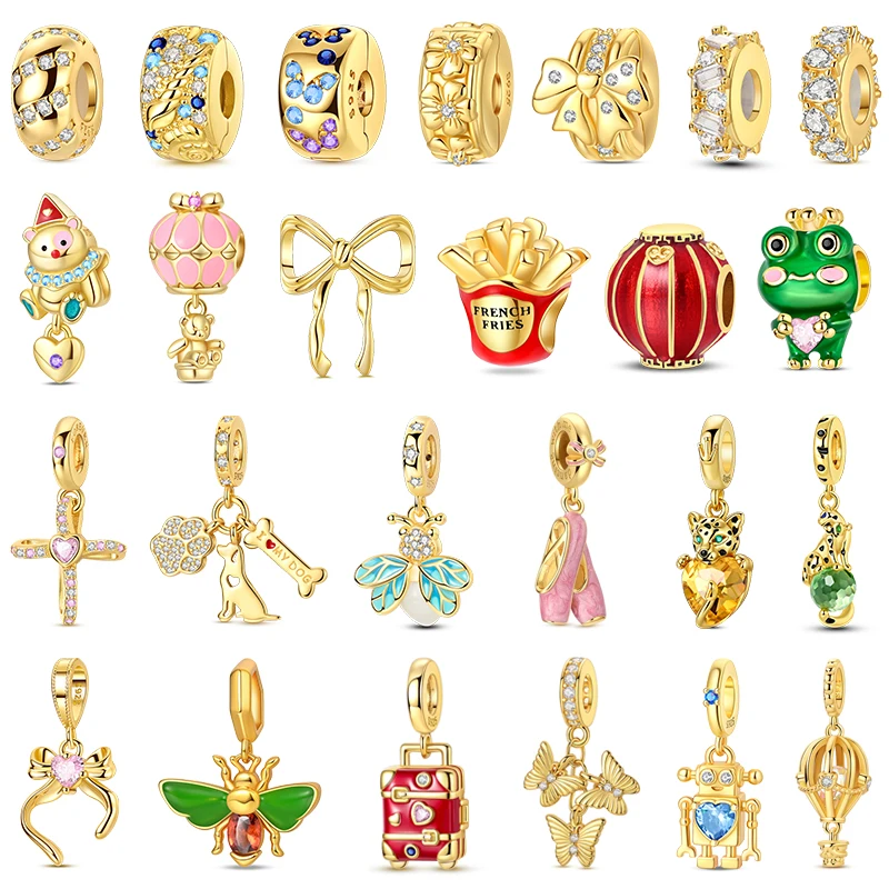 

Original Charms Fixed Clamp Beads 925 Sterling Silver Golden Bow Leopard Cat Dog Beads Fit Pendant Bracelet Women Jewelry Gifts