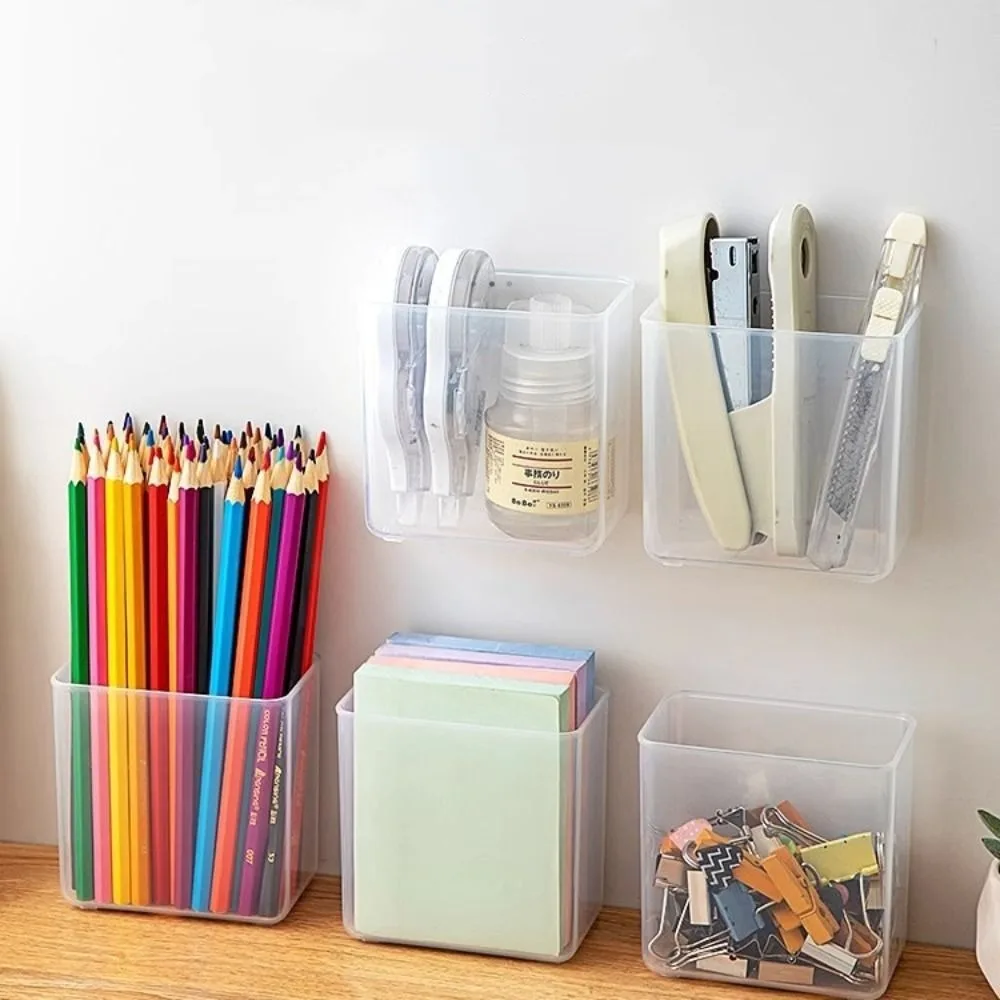 Transparent Wall Mount Pen Pencil Holder Large Capacity Pen Stand Pencil Storage Box Multifunction Self-adhesive