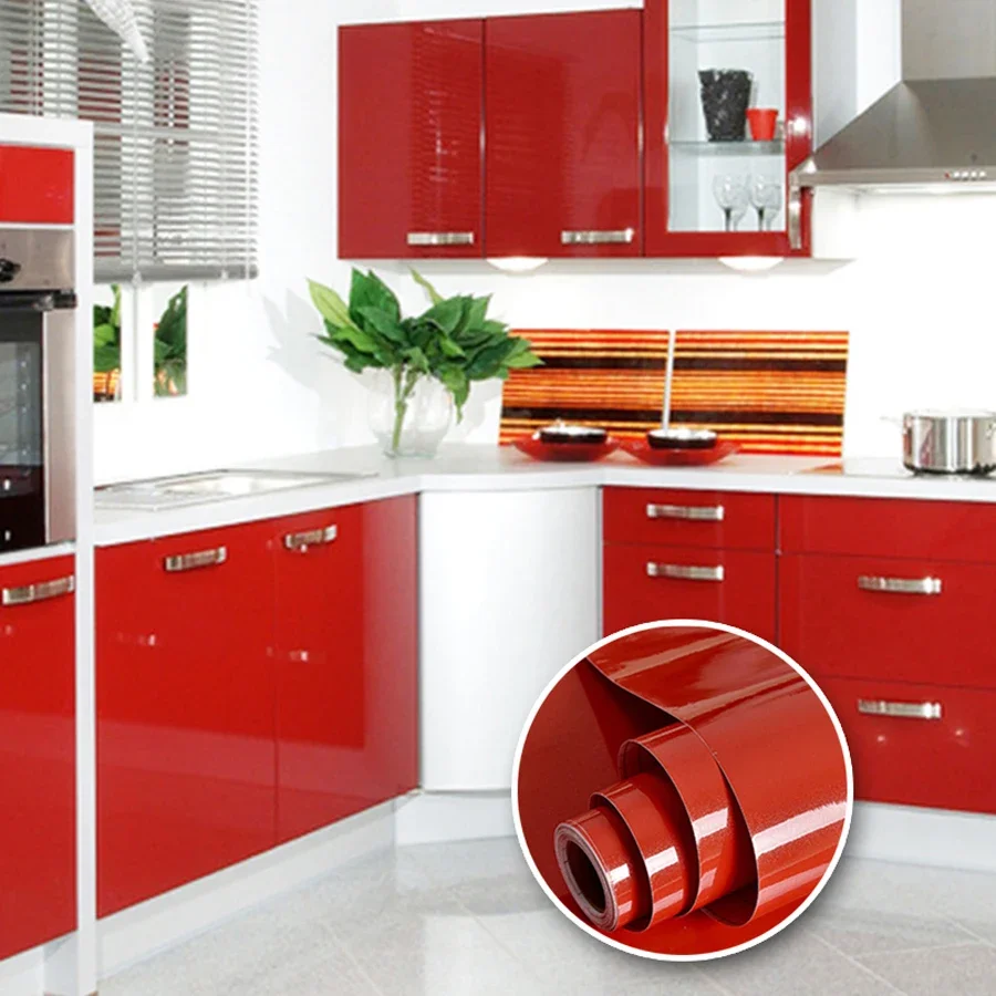 

Bright Red Waterproof Wallpaper Old Furniture Refurbished Stickers Kitchen Cabinets Self-Adhesive Solid Color Wall Paper