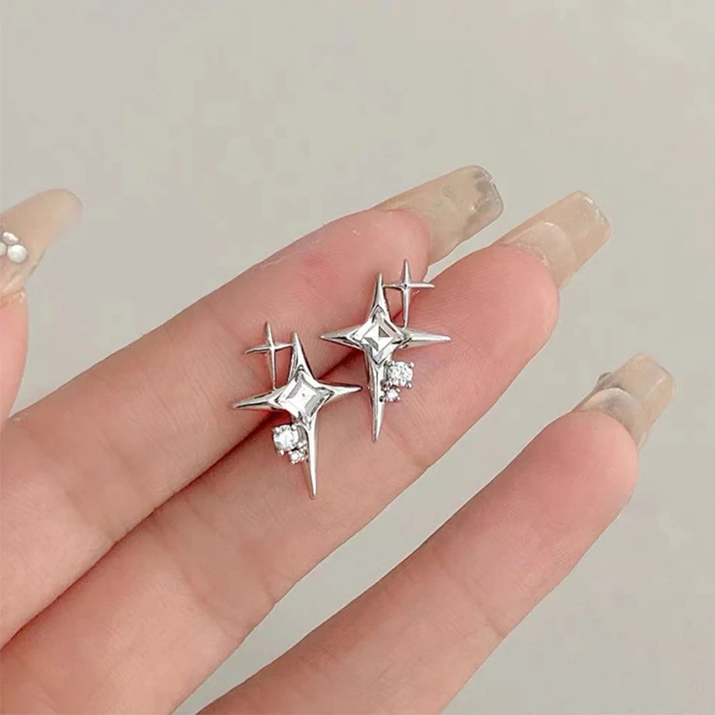 2023 Fashion Silver Color Cross Star Zircon Stud Earrings for Women Girl Korean Four-Pointed Star Personality Earrings Jewellery