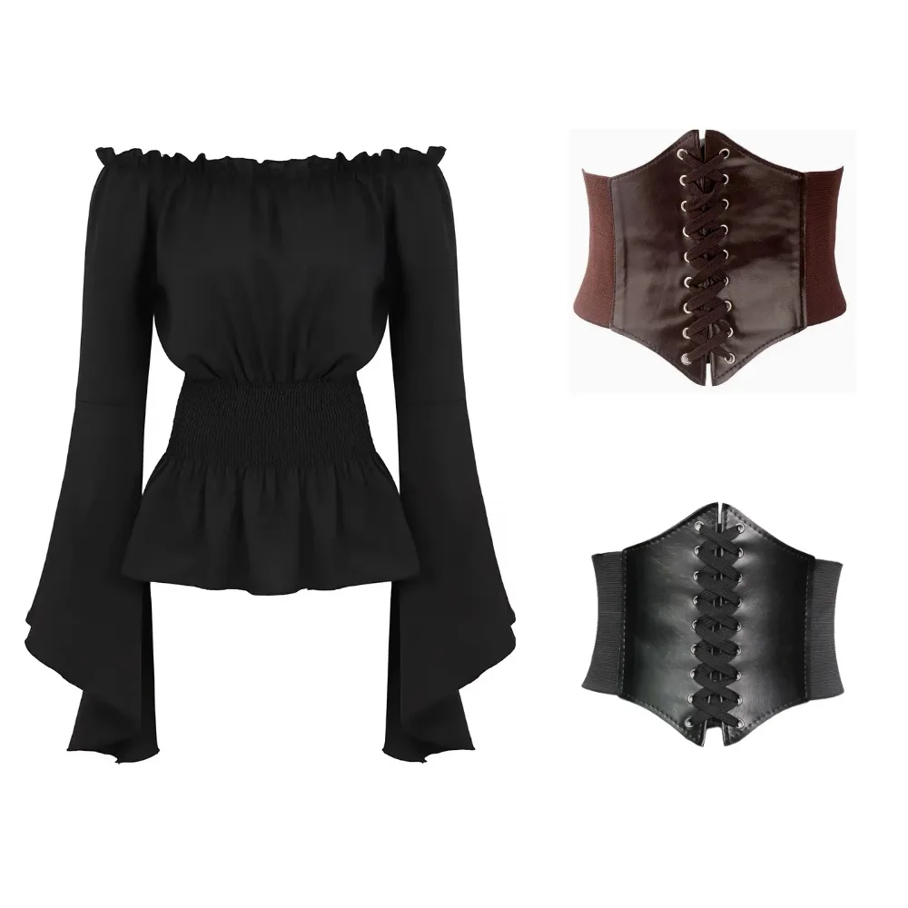 

Women Renaissance Blouse Medieval Victorian Long Sleeve Corset Corset Waist Off Shoulder Shirt Pirate Cosplay Costumes Halloween