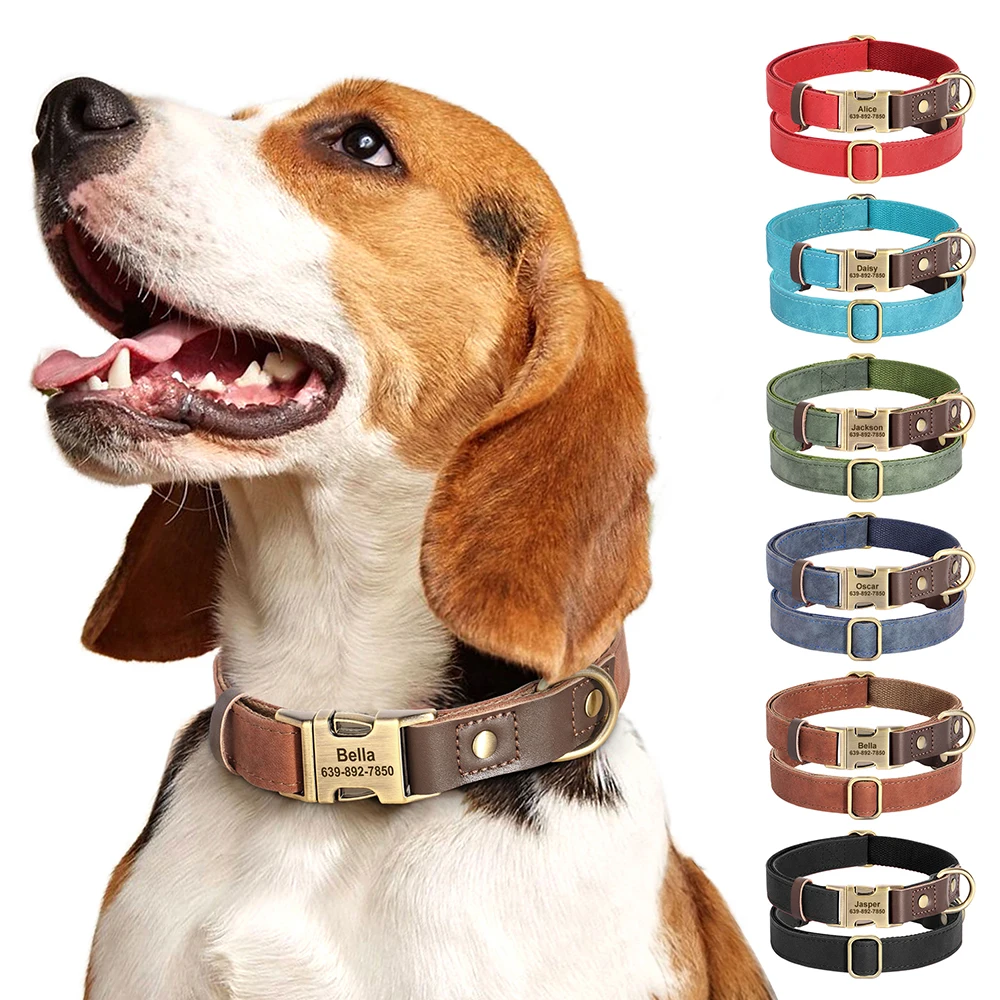 

Custom Engraved Dog Collar Nylon PU Leather Dog Buckle Collars Personalized Pet Necklace for Small Medium Dogs Pitbull Pug