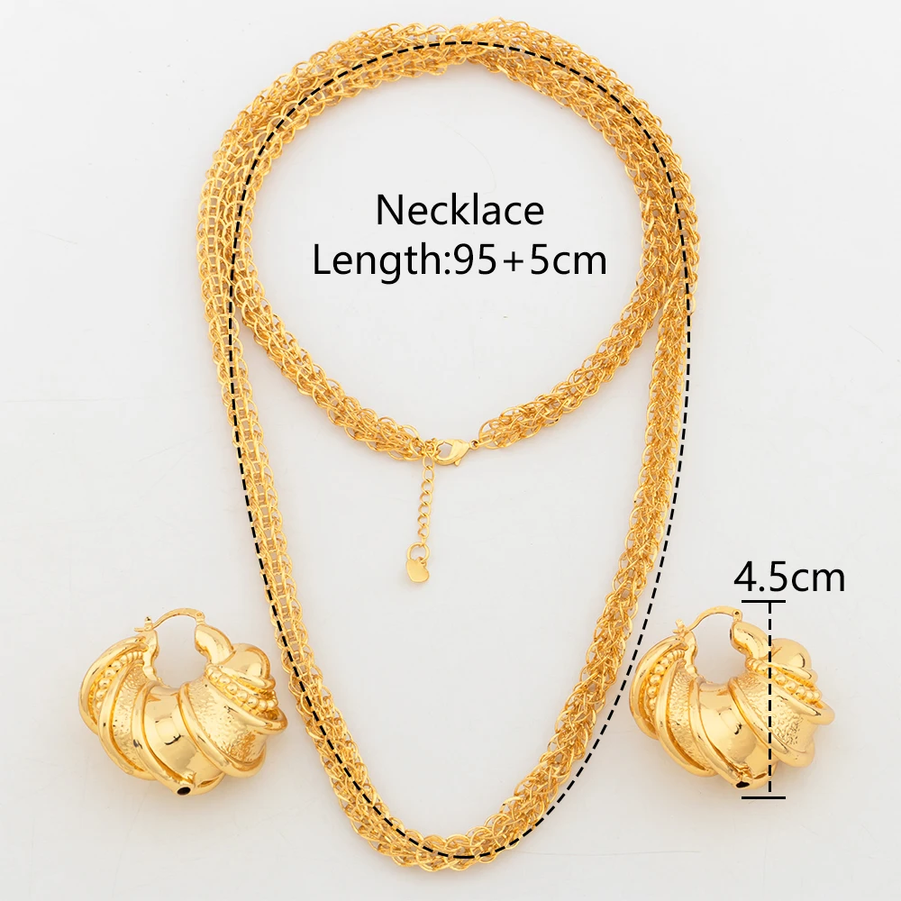 Dubai Gold Plated Jewelry Set Copper Bold Earrings for Women African Long Chain Necklace 45/60/80/100mm Wedding Bridal Jewelry