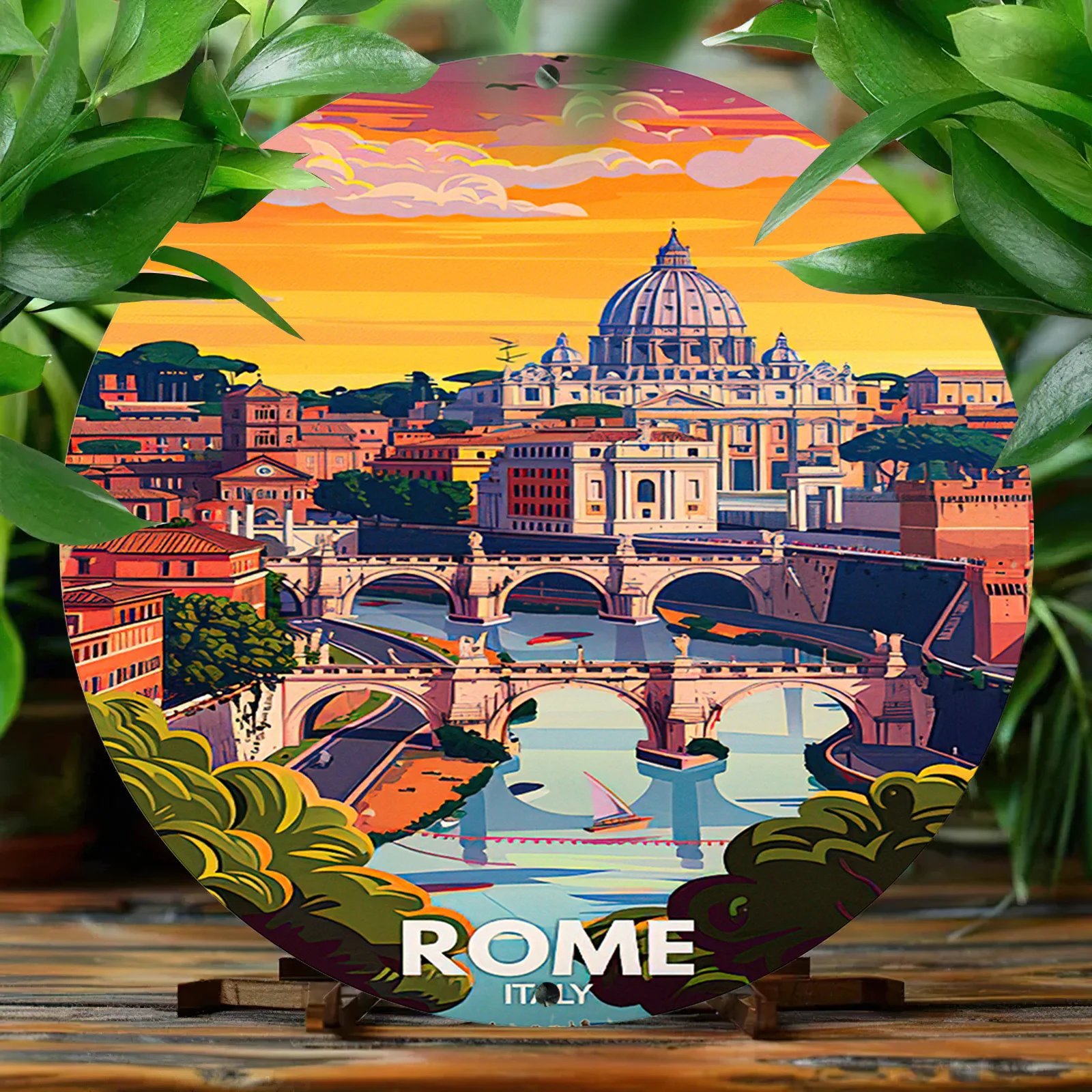 1pc Vintage Rome Cityscape 2D Printed Aluminum Metal Sign, 8x8 Inch (20x20cm), Round Carved Wall Art, UV & Scratch Resistant, An