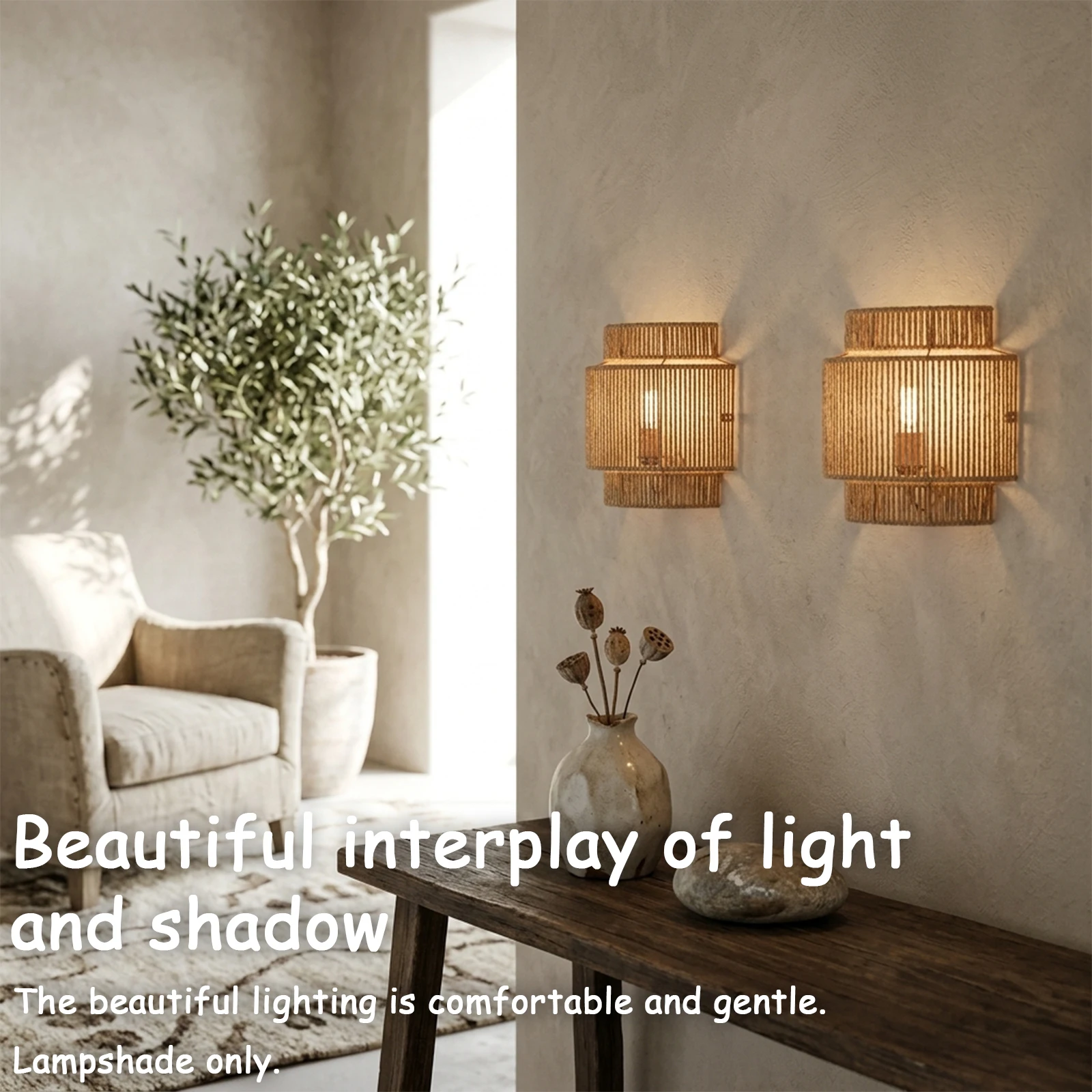Handmade Rope Lamp Shade, Tiered Drum Cylinder Cover for Wall Sconce Living Room Hallway Decor