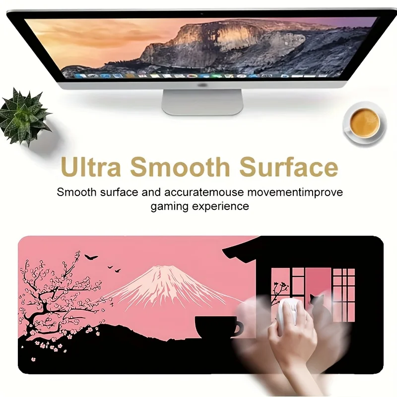 Tappetino per mouse con design Mount Fuji e fiori di ciliegio da 1 pezzo - Base in gomma antiscivolo, bordi cuciti, tessuto a maglia, gomma naturale resistente