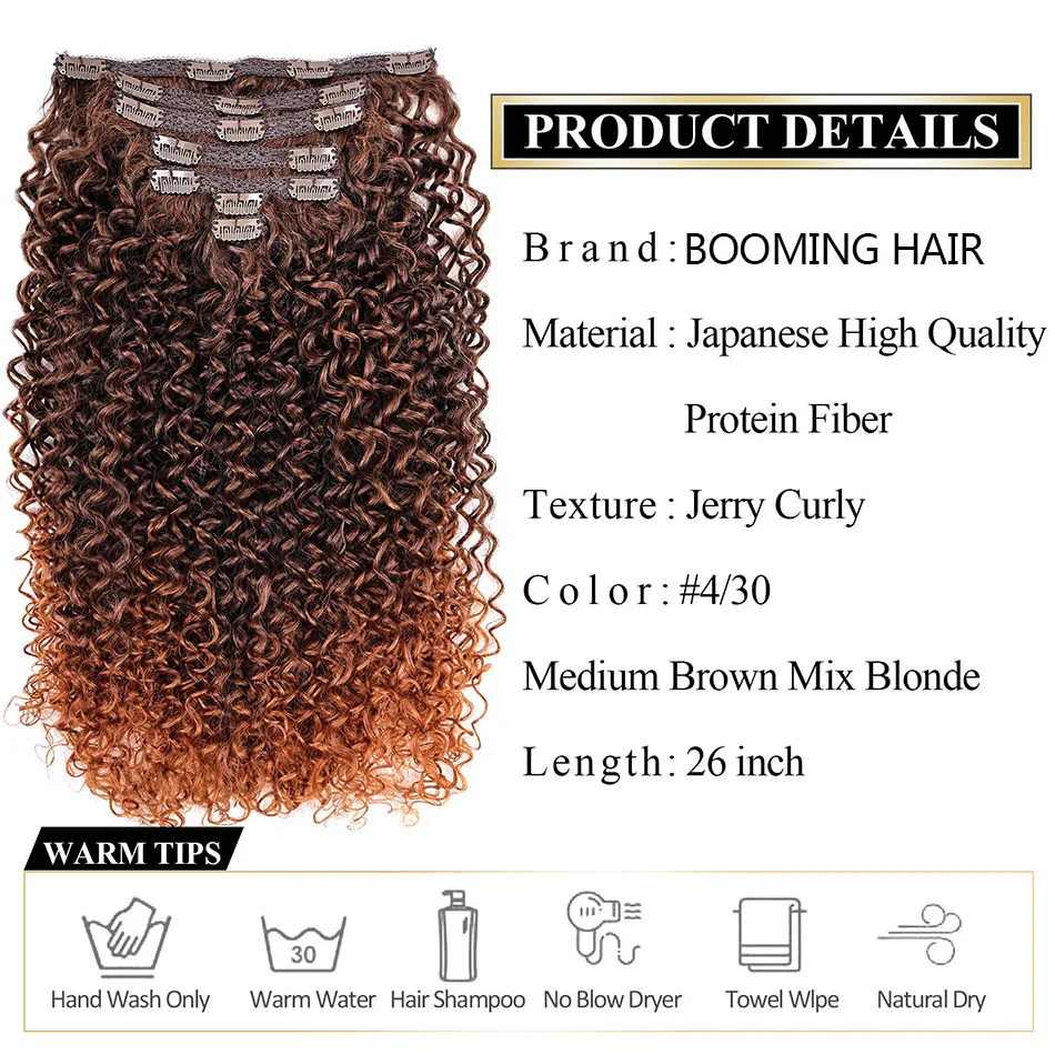 Long Jerry Curly Clip In Hair Extensions Natural Hairpieces Synthetic 7 Pcs Full Head Organic False Hair Afro Curls 26”/65cm