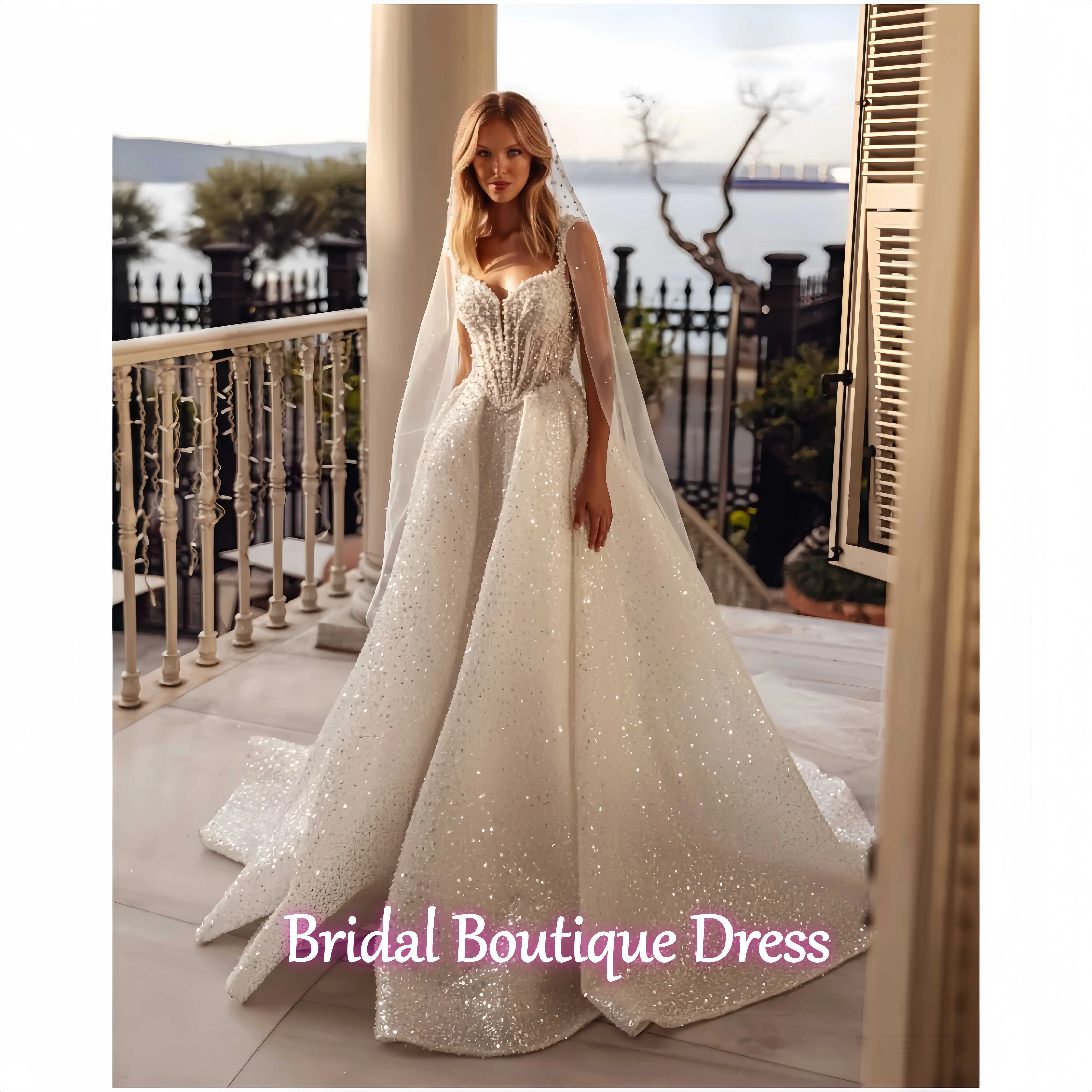 تخصيص رائعة مطرزة اللؤلؤ ألف خط فستان زفاف طويل مثير الحبيب كم فستان زفاف 2025 الدانتيل يصل فساتين للعروس