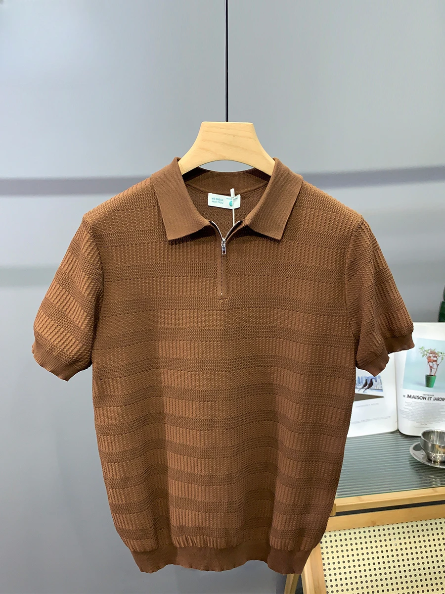 

New Zipper Short Sleeve Knitted Shirt Men Casual Slim Lapel Male Polo Shirts 2024 Summer Fashion Luxury Men's Blouses A52