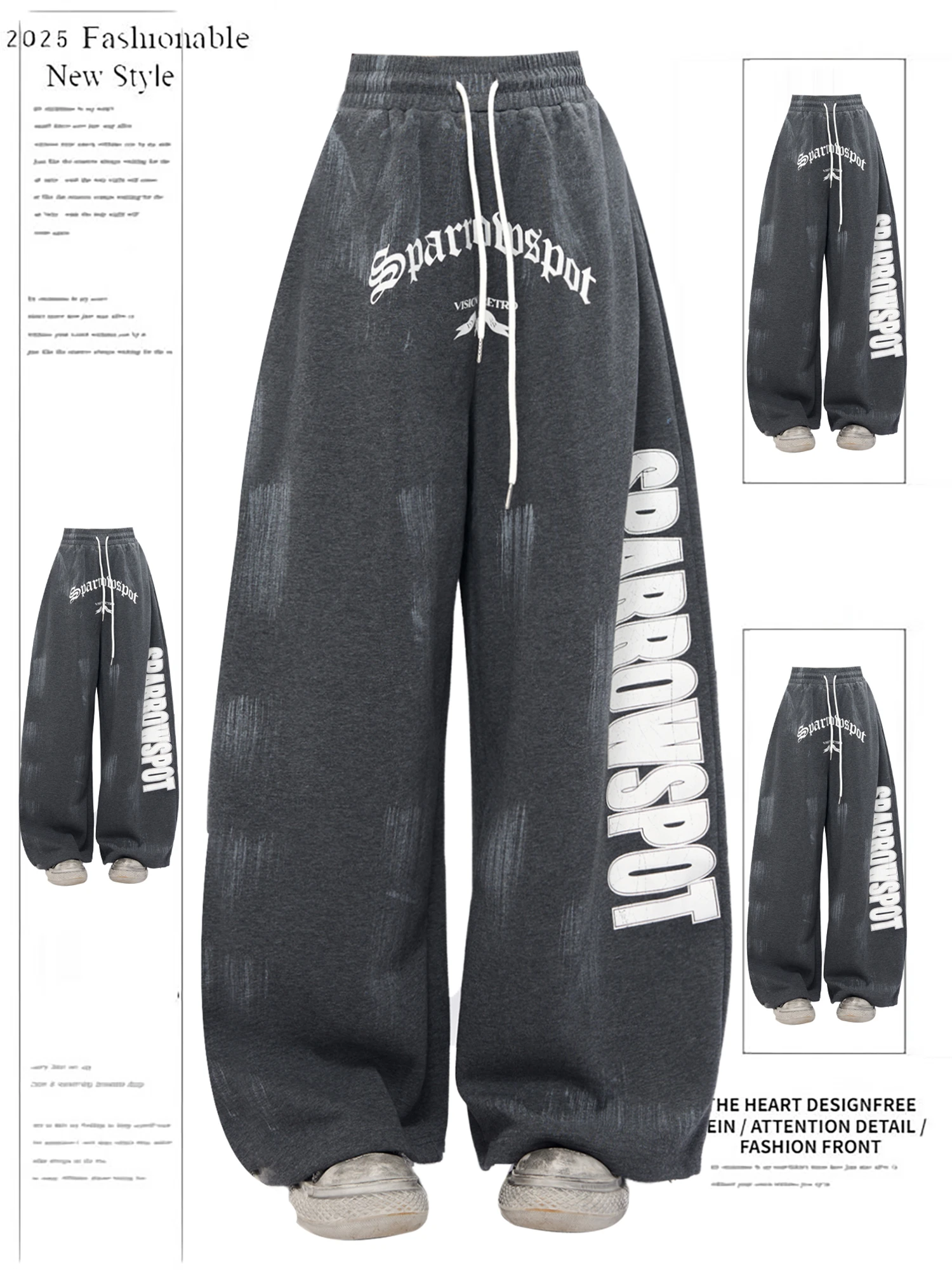Y2K Women's Dark Grey Wide Leg Sweatpants 2025 New Fashion Letter Print Distressed Drawstring Waist Casual Streetwear Trousers