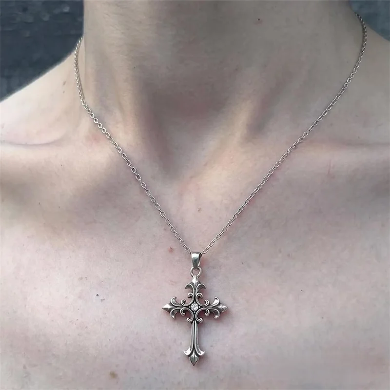 Stainless Steel Cross Pendant Necklace: Gothic Y2K Streetwear Everyday Silver Jewelry view 2