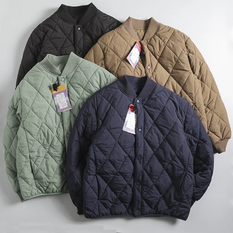 Thickened Retro Diamond Pattern Men's Cotton Jacket Warm Baseball Collar Layering Clothing Simple Style Youth Trend Standard Fit
