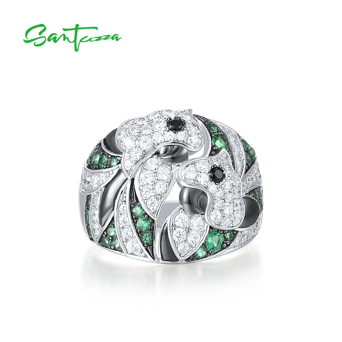 SANTUZZA Genuine 925 Sterling Silver Rings For Women Black Green Spinel White CZ Gorgeous Flower Elegant Wedding Fine Jewelry