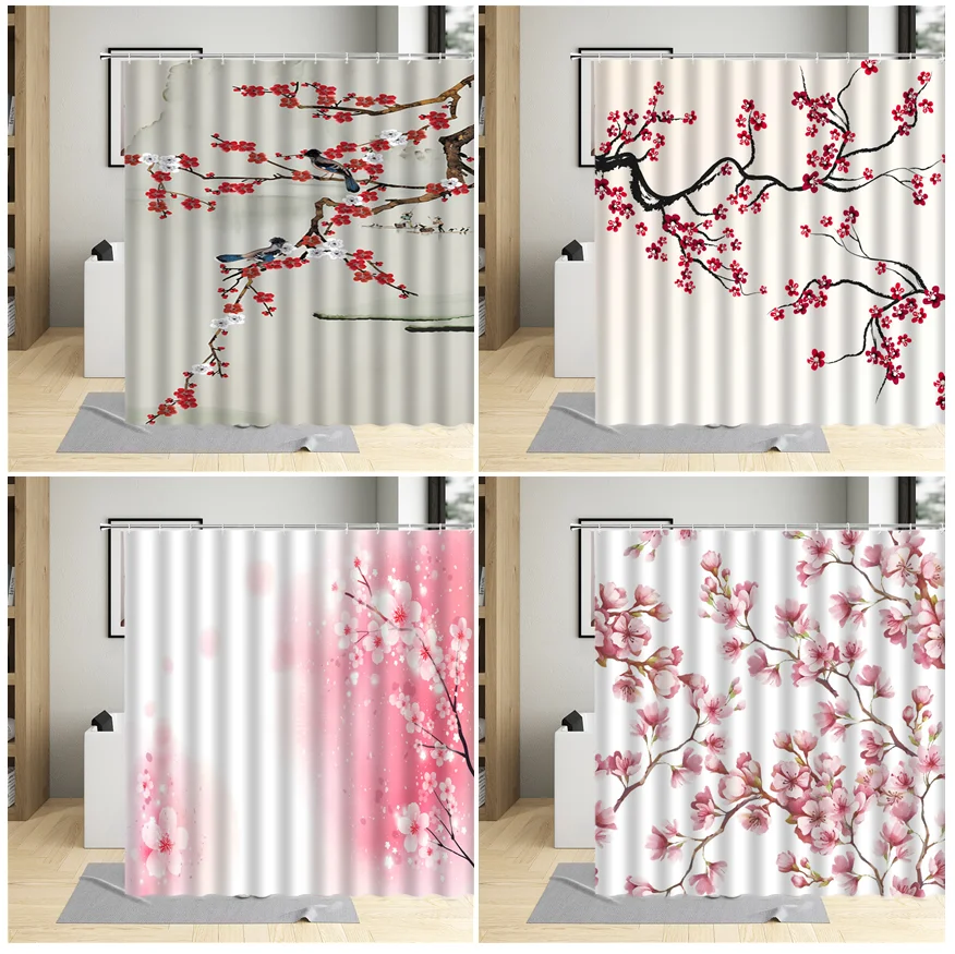 Chinese Style Shower Curtain Red Ink Flower Plum Pink Cherry Blossom Floral Bird Pattern Bathroom Decor Polyester Curtains Sets