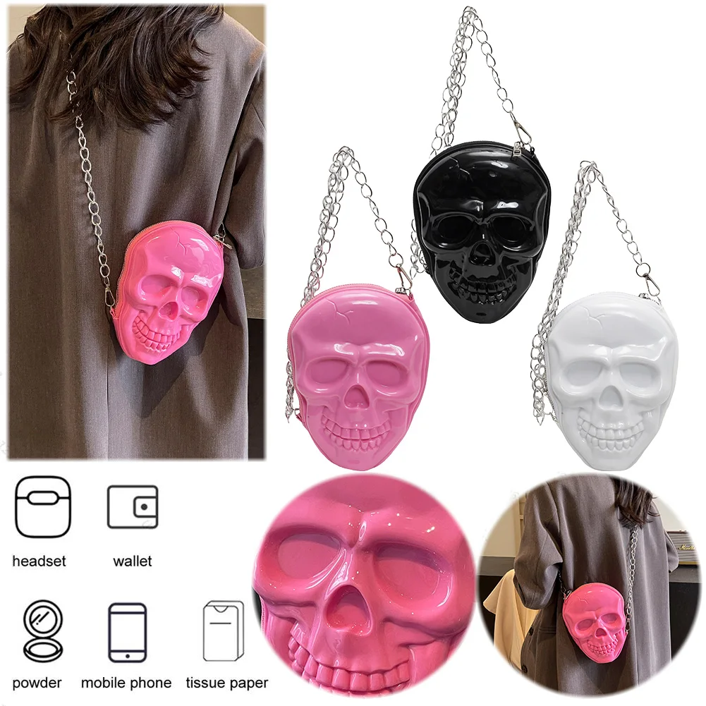 Halloween PU Skull Crossbody Bag Zip Closure Spooky Sling Bag Large Capacity Scary Satchel Bag Solid Color Small Tote Bag