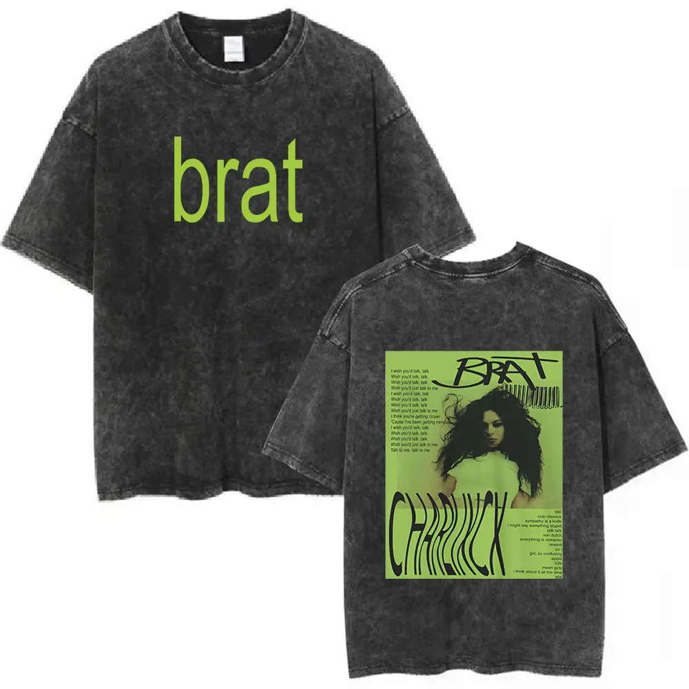 Charli Xcx Brat Tour خمر غسلها تي شيرت الرجال النساء الملابس موضة تي شيرت على طراز هاراجوكو 100% القطن تي شيرت غير رسمي المشجعين هدية