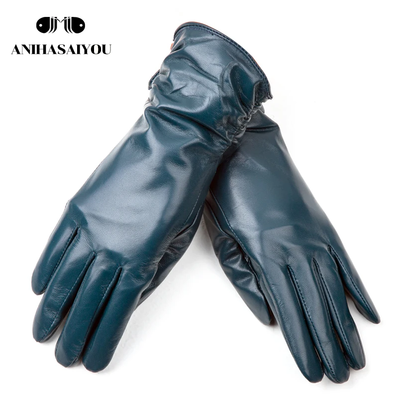 Guantes de cuero plisado clásico para mujer, guantes de piel de oveja auténtica, color real, invierno, 2081