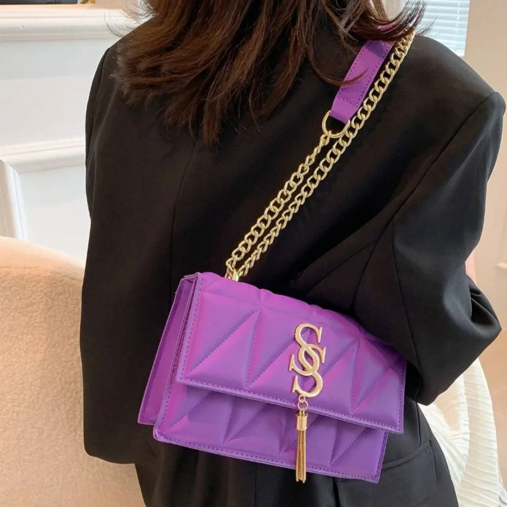 2024 New Women Shoulder Bags,Purple Plaid Stitching Crossbody Bag,Metal Tassel Ornament Small Square Bag, Handbags For Women