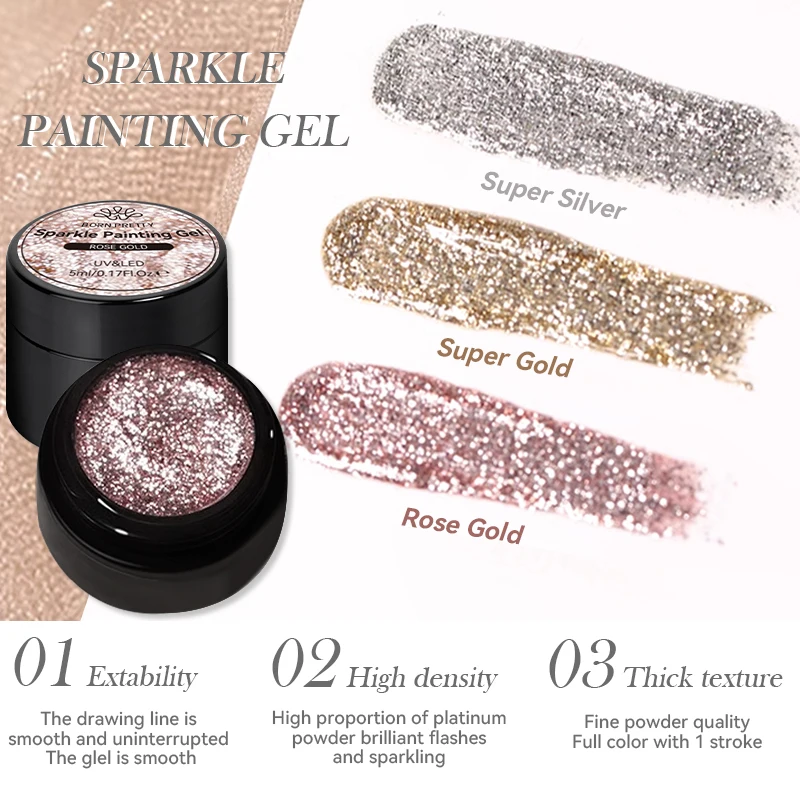 BORN PRETTY Sparkle Painting Gel 5ml Glitter Bright Gel Nail Polish Super Gold Silver Effect Drawing Line French Nail Varnish