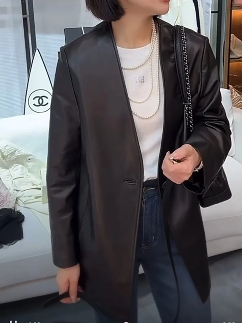 Moda couro real v-ne simples feminino comprimento médio eepskin casual jaet europeu sle casaco de couro de um botão