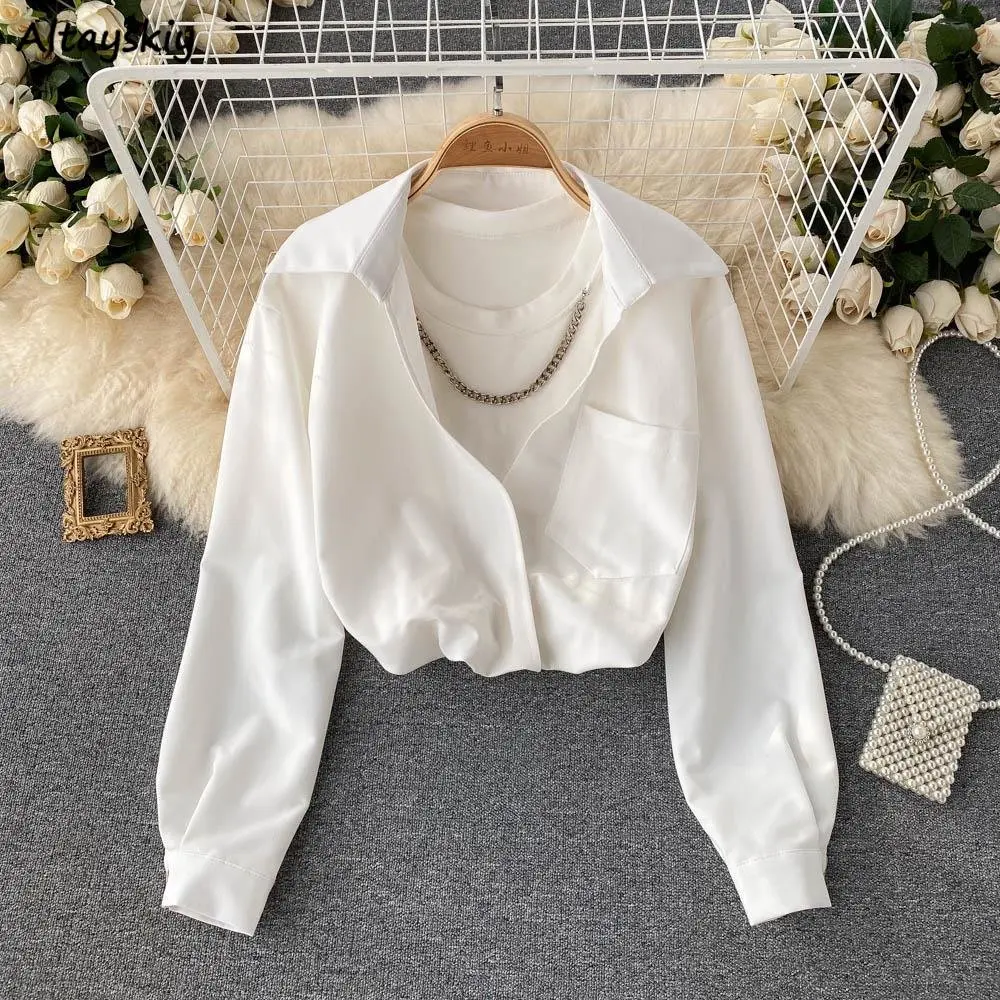 Jednolite, luźne koszule damskie przycięte łańcuszek zaprojektowany elegancki OL Temper Street Ulzzang Casual wiosenna z długim rękawem Harajuku koreański stylowy