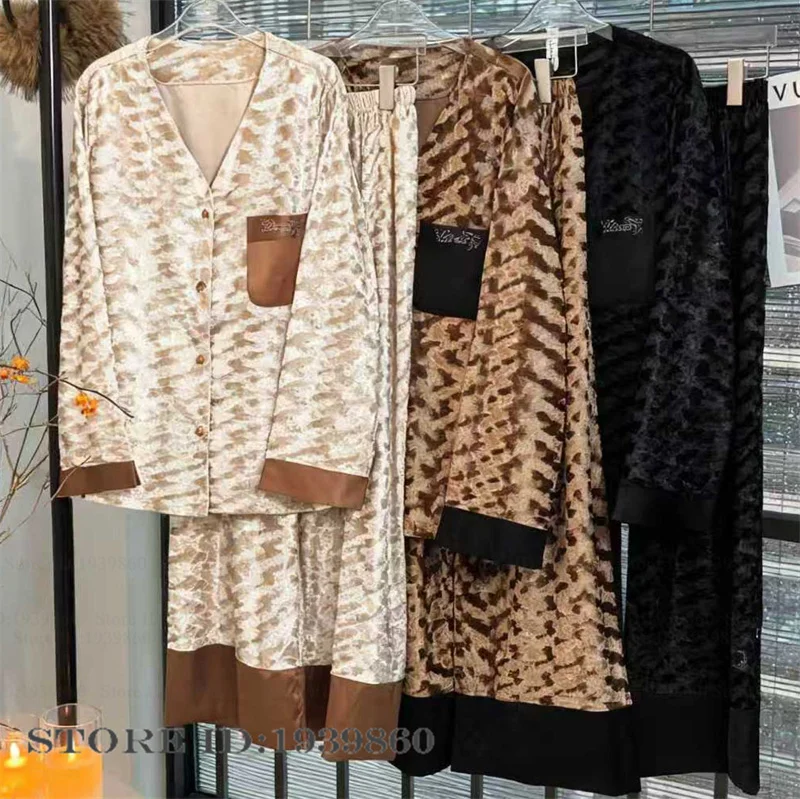 

Fashion Velvet Jacquard Pajamas Set Women Sleepwear Autumn Winter Velour Homewear Pijamas Suit Loose V-Neck Lounge Wear Pyjama