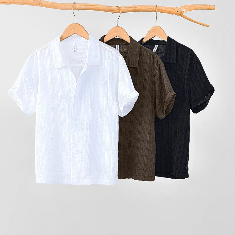 

Thin solid color short-sleeve shirt, soft lyocell solid jacquard shirt
