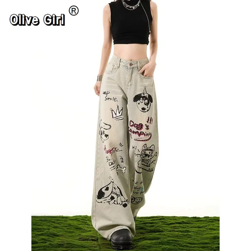 

Olivegirl Retro Jeans Women's Pants Y2k Hiphop High Waist Wide Legs Loose Cartoon Graffiti Dog Cat Straight Leg Pants Trousers