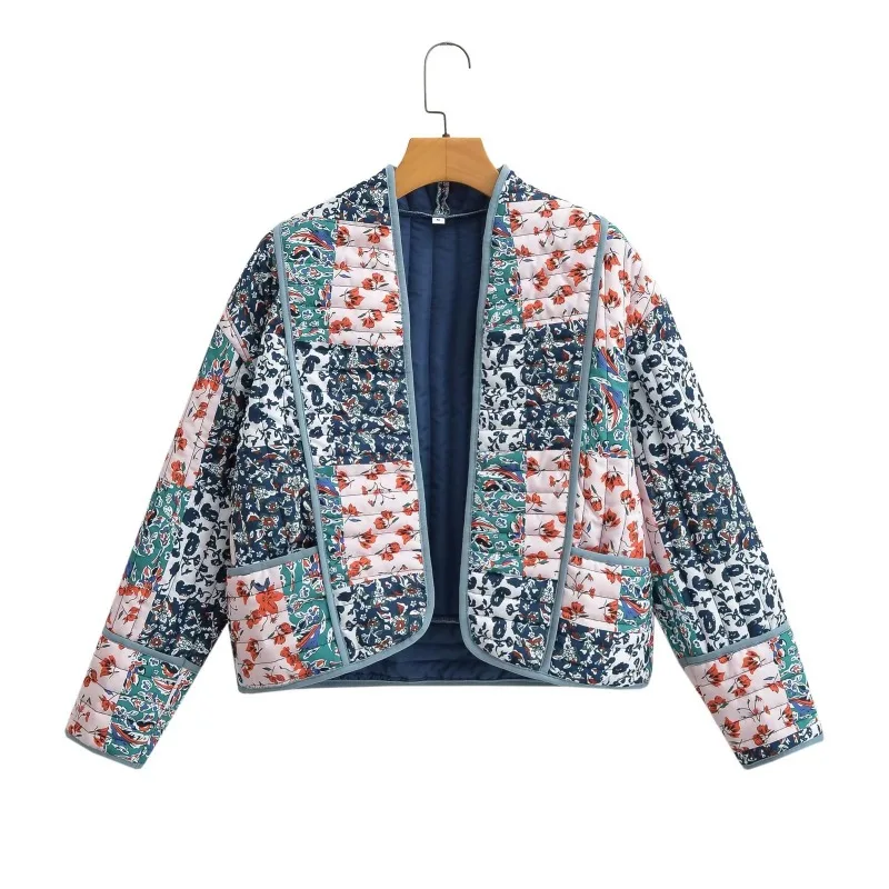 2023 New Autumn Vintage Print Patchwork Cotton Woman Coats Casual Loose Full Sleeve Short Jackets Winter Female Outerwear