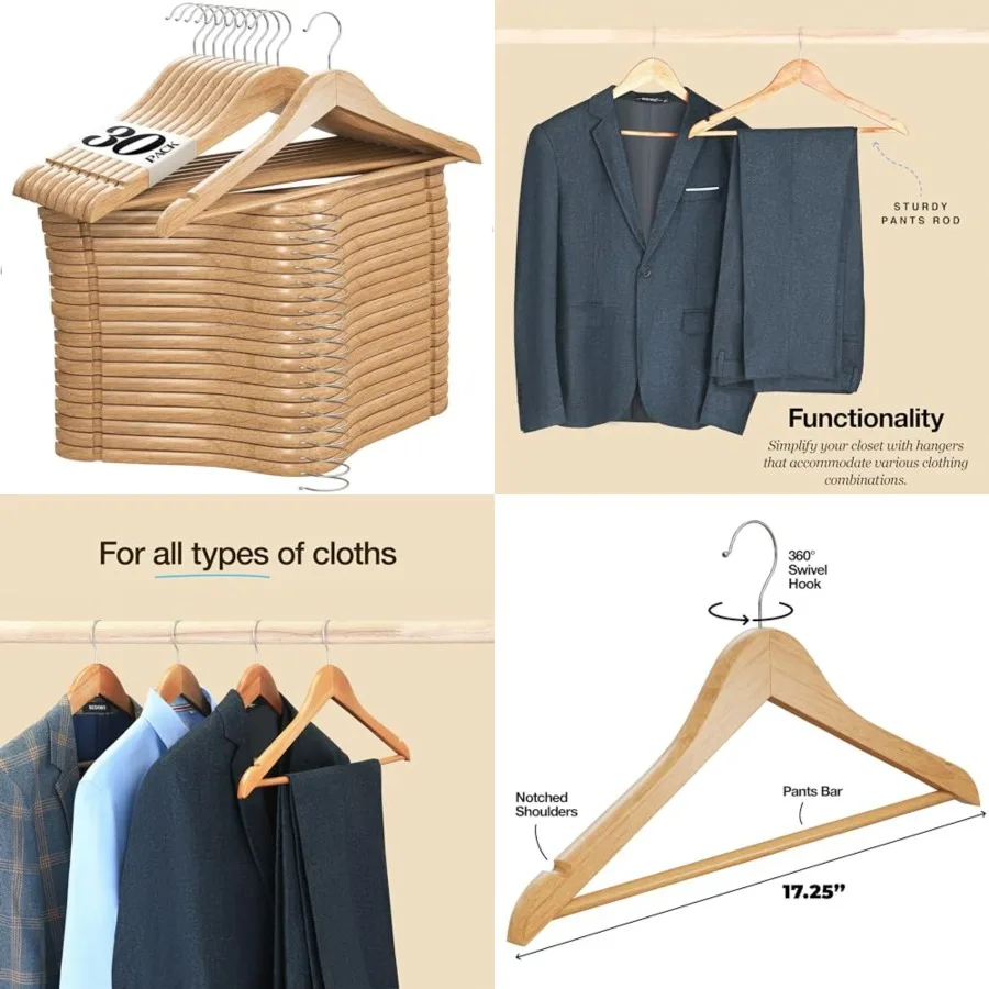 

Wooden Hangers 30 Pack - Natural Wood Durable Heavy Duty Coat Hangers Non Slip for Jacket, Shirt, Pants and Suit - Premium Soli