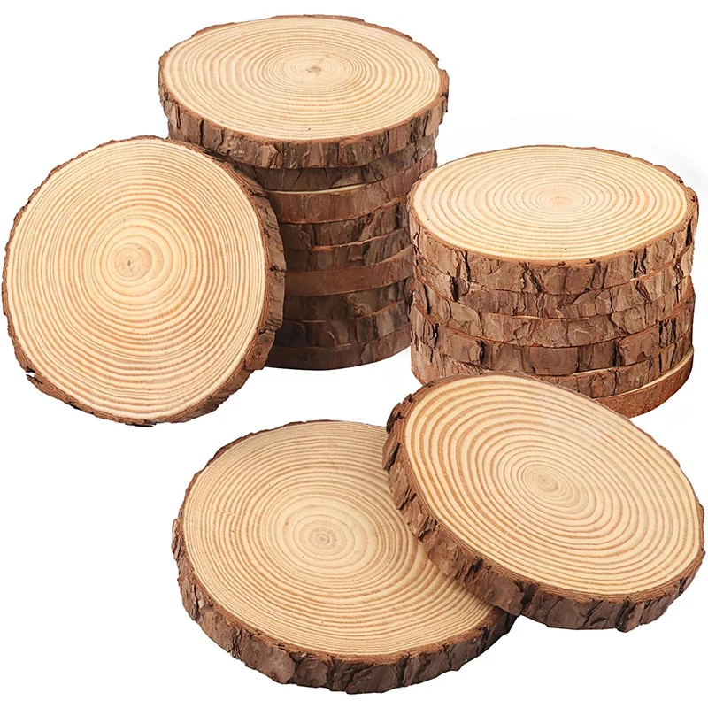 3-12cm Thick Natural Pine Round Unfinished Wood Slices Circles with Tree Bark Log Discs DIY Crafts Rustic Wedding Party Painting