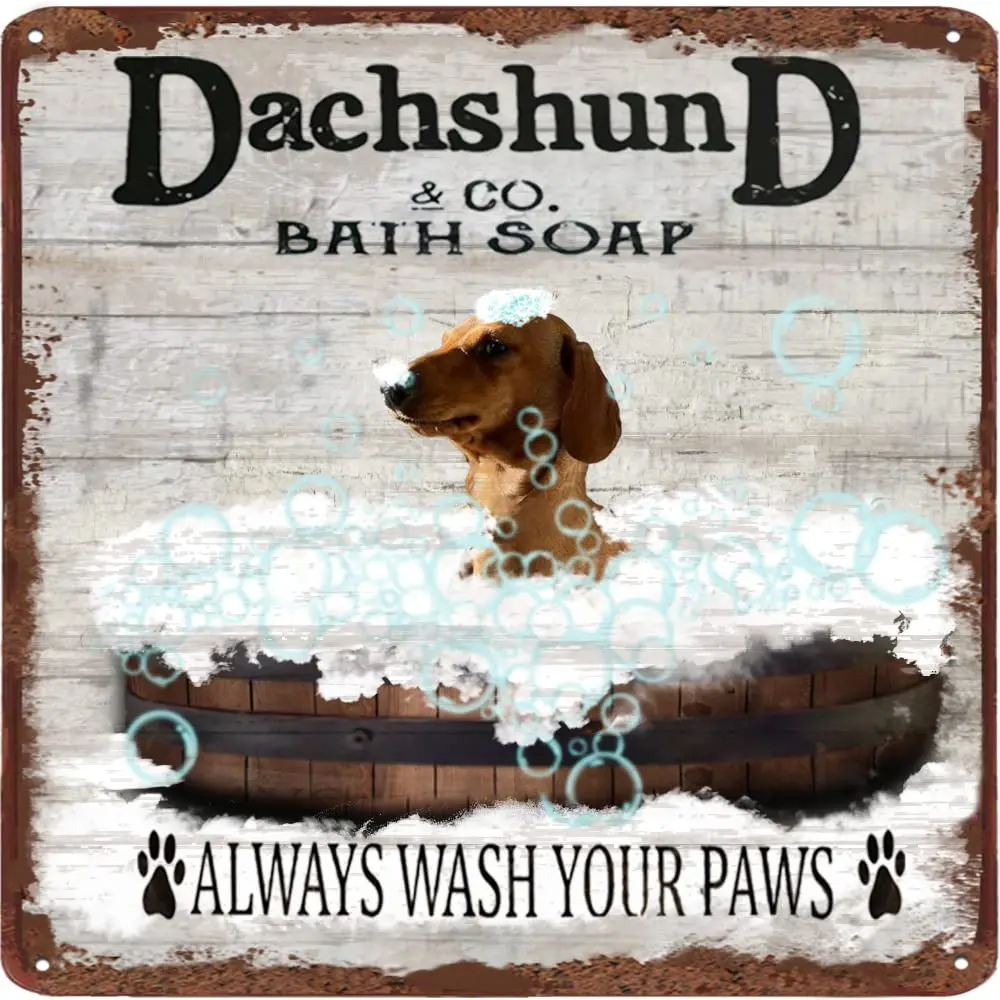 Finamille Dachshund & Co. Bath Soap Poster, Wash Your Paws Metal Sign, Dachshund Poster, Dog Lover Gift, Dog Iron Print, Bat